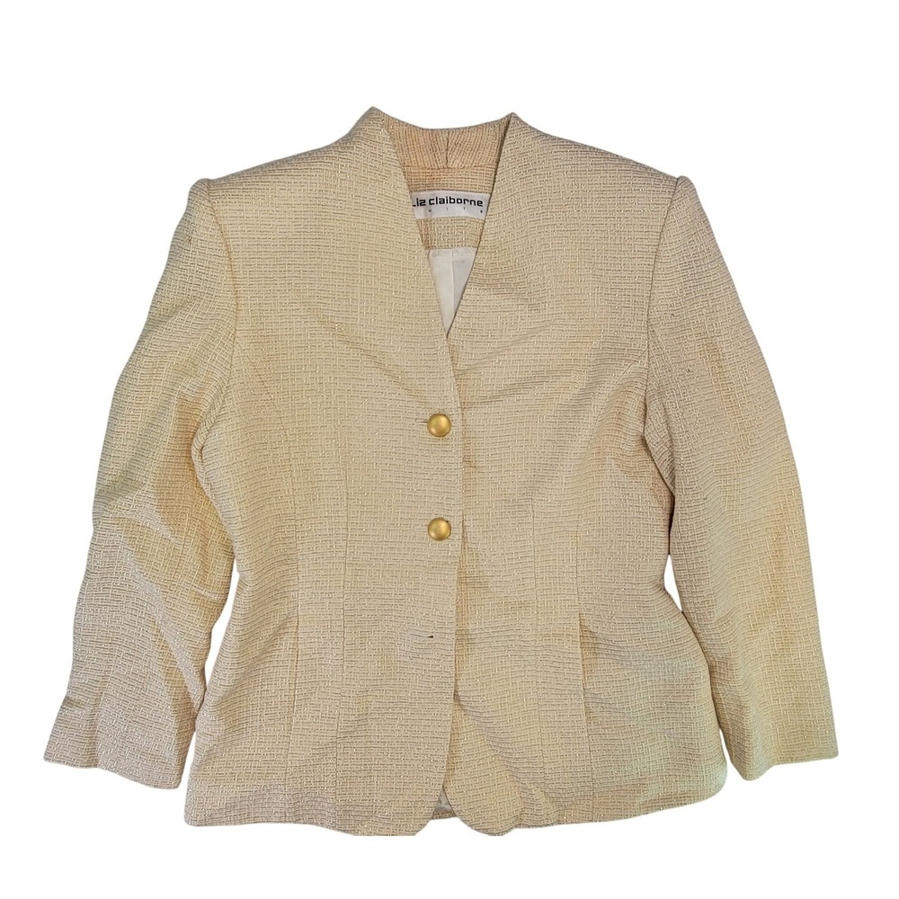 Liz Claiborne Womens Blazer Jacket Beige Textured Gold Button Size 10